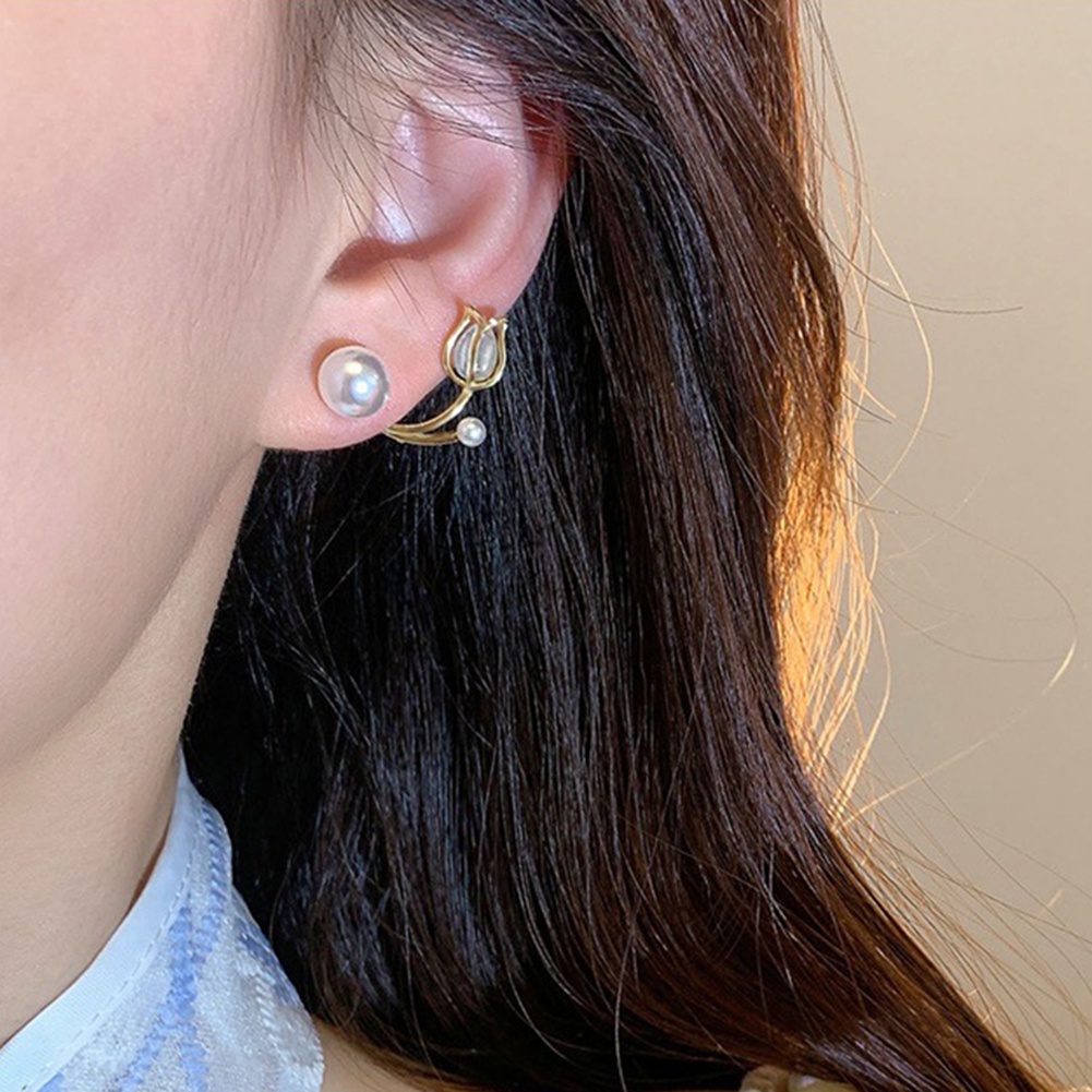 Đôi Khuyên Tai Hình Hoa Tulip Đính Ngọc Trai Thời Trang Cho Nữ