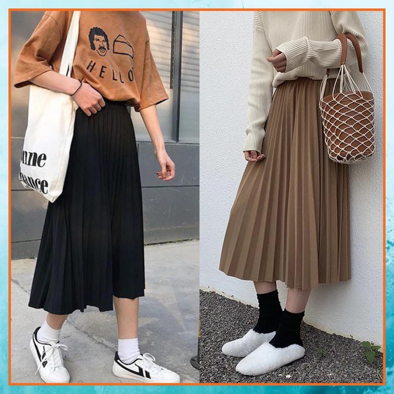 Chân Váy Xếp Ly midi Shop dáng dài cạp chun, Váy xếp ly dài midi kiểu phong cách trẻ trung công sở - CVLD09