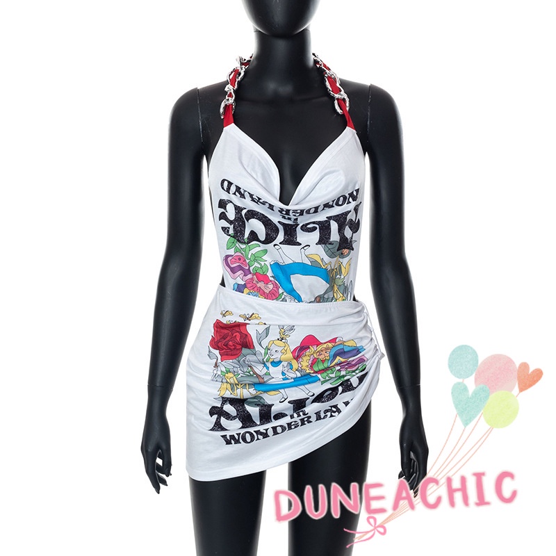 DUNEA Đầm khong tay hở lưng in họa tiết hoạt hình phong cách đường phố cá tính cho nữ