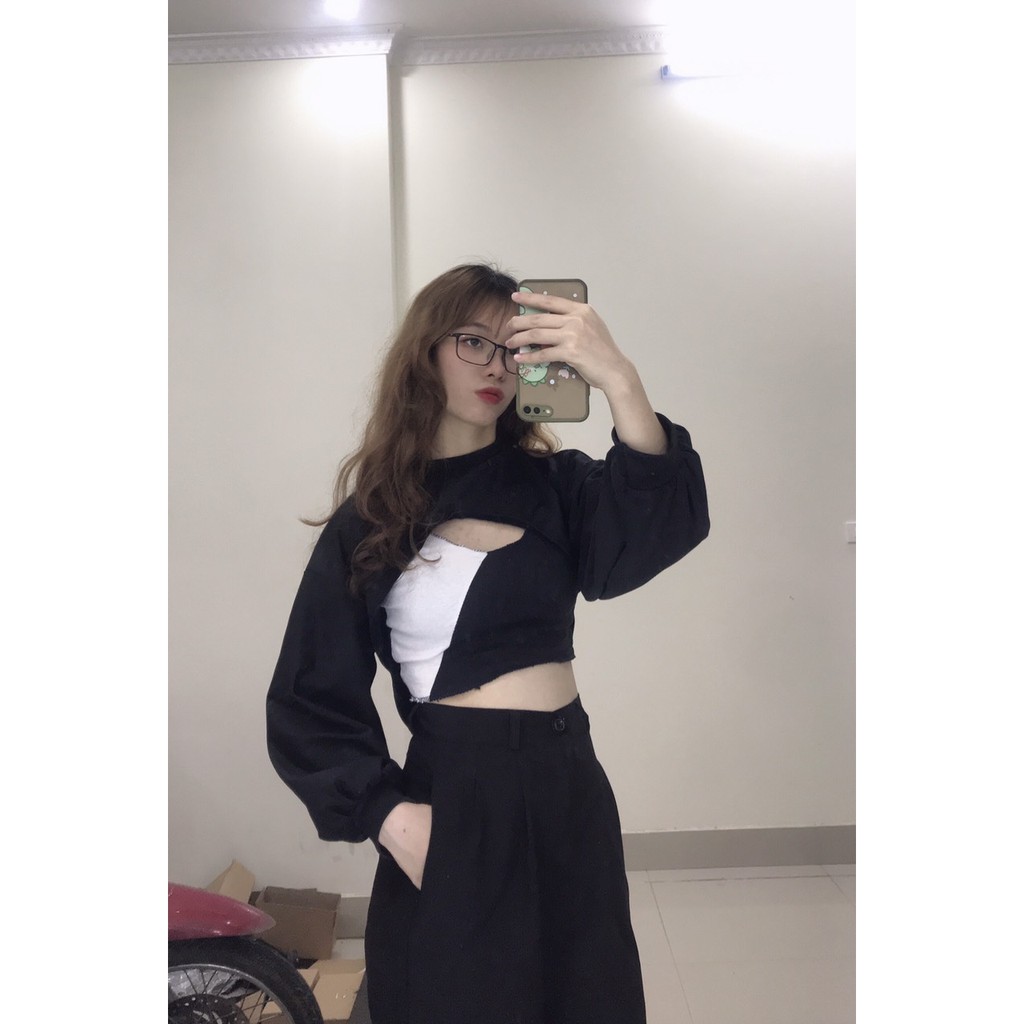 set áo croptop 2 dây bản to phối áo dài tay khoét ngực 2 màu đen/trắng hot trend ( video/ảnh thật) Xưởng Sỉ Nguyễn Hoa