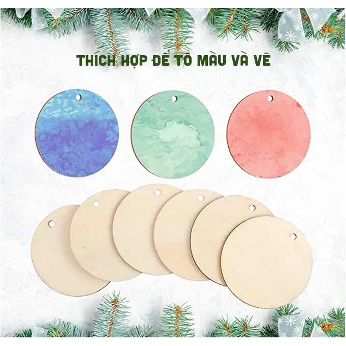 Set 50 Miếng Gỗ Tròn Trống Chưa Hoàn Thành Có Lỗ Mặt Dây Chuyền Để Trang Trí, Tô Màu Decor | Size 5cm