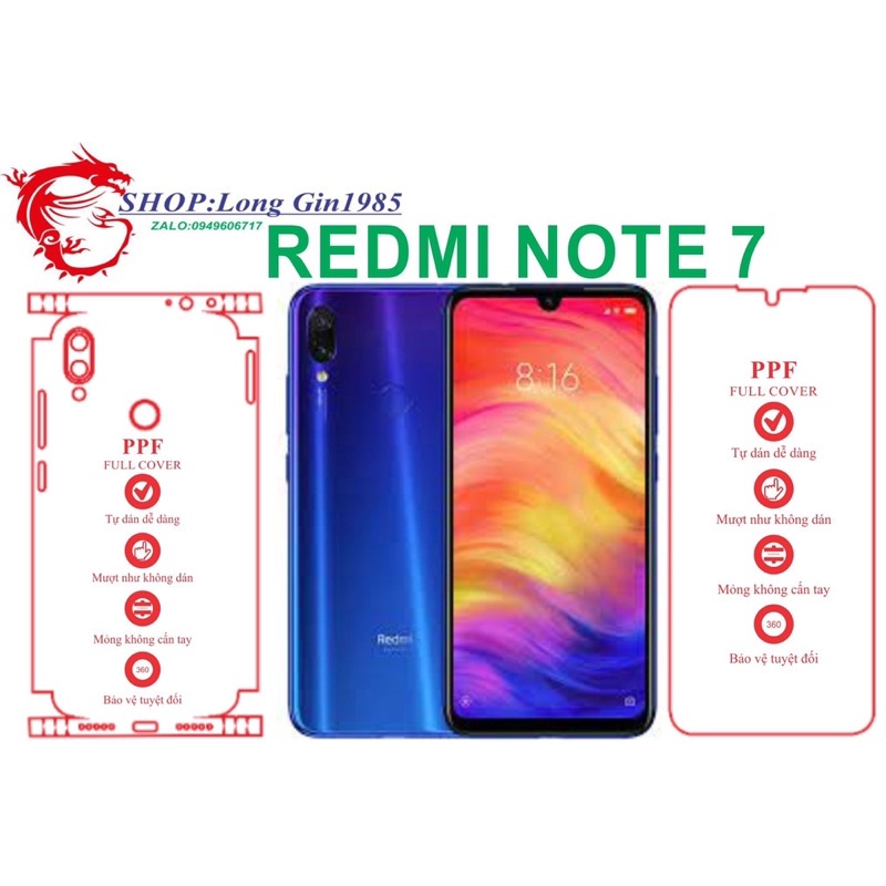 Redmi Note 7 miếng dán trong Ppf mặt sau và mặt trước chống va đập chống trầy xước