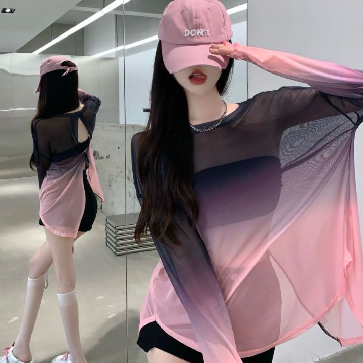 Áo Thun Chống Nắng Dáng Rộng Vải Lụa Lạnh Mỏng Hở Lưng Phối Dây Buộc Màu Gradient Kiểu Pháp Thời Trang Mùa Hè Cho Nữ 2022