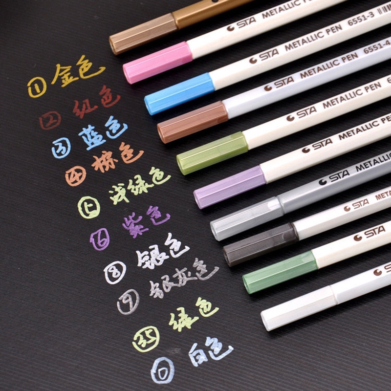 Bộ 10 cây bút lông dạ quang STA màu ánh kim ngòi mảnh