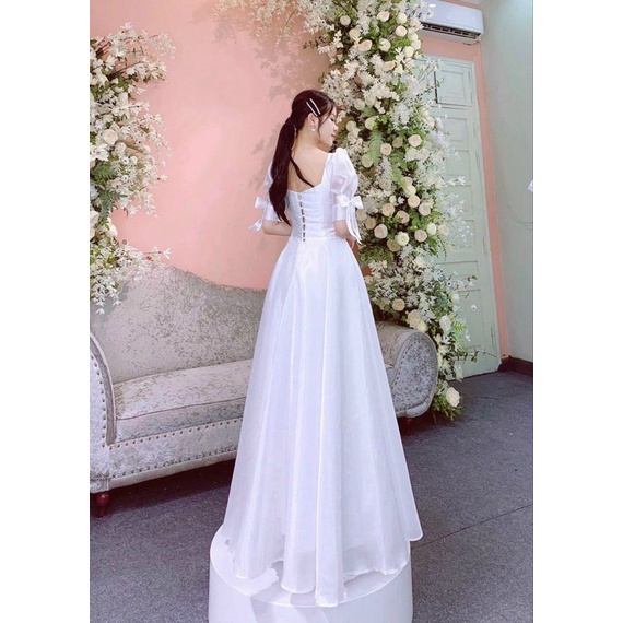 ĐẦM CÔ DÂU TAY PHỒNG KẾT NƠ XINH XẮN