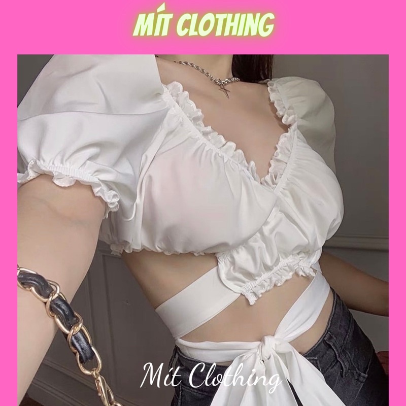 Áo kiểu nhún bèo cột eo croptop