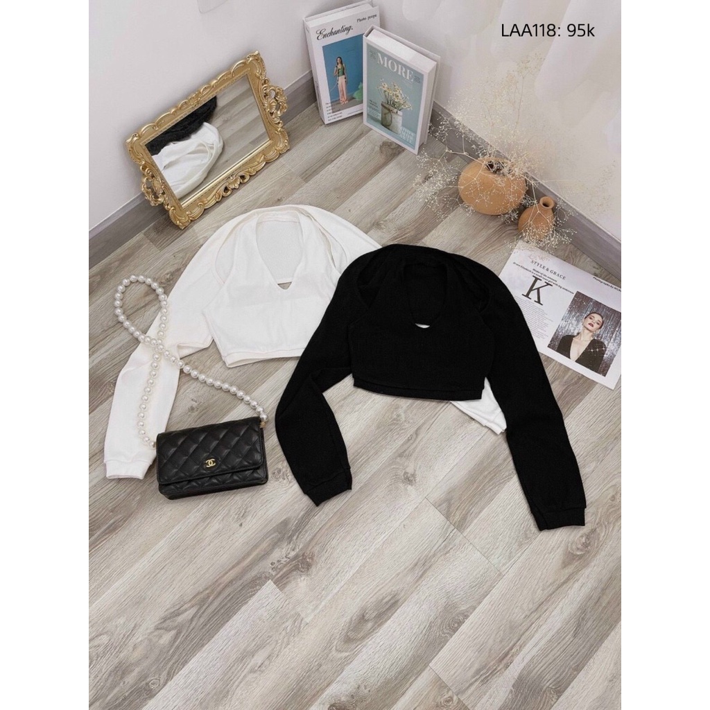 Set áo yếm cut-out tay dài Áo croptop tay dài cổ yếm khoét lưng cá tính CHIBEST LAA118