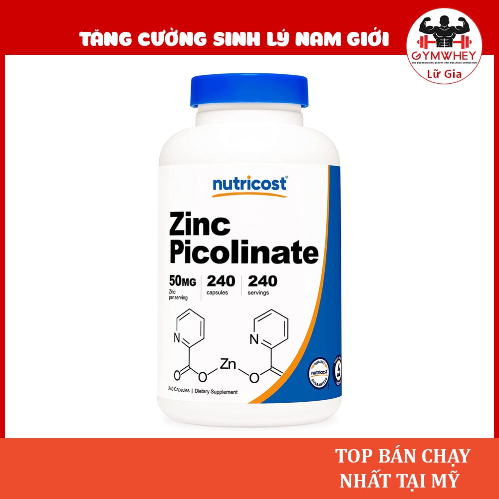 Nutricost Zinc Picolinate 50mg Viên Uống Bổ Sung Kẽm Hàm Lượng Cao, Hỗ Trợ Khả Năng Nam Giới (240 Viên)
