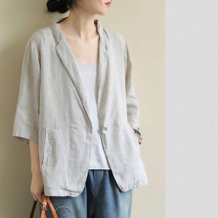 Áo vest balze linen dáng lửng tay lỡ 2 túi bên, chất vải linen tự nhiên, thời trang phong cách Nhật Bản