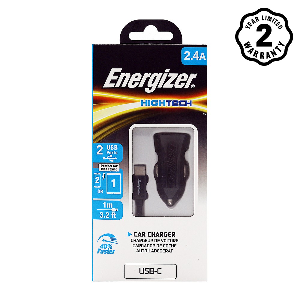 Sạc ô-tô Energizer 2.4A 2USB màu đen kèm cáp USB-C2.0 - DCA2BHC23