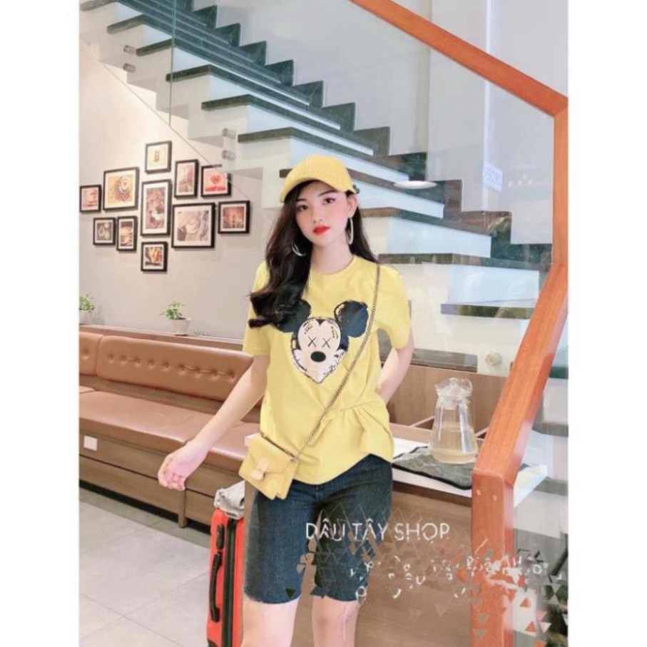 ( NAKHA456 )  Áo thun tay lỡ form giấu quần nữ - Áo phông mickey hồng pastel SIÊU HOT