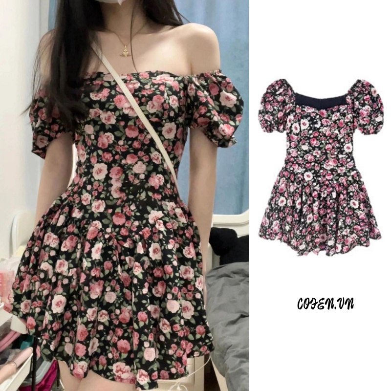 Đầm Tay Ngắn Phồng Cổ Vuông In Họa Tiết Hoa Phong Cách Retro Hàn Quốc Dành Cho Nữ