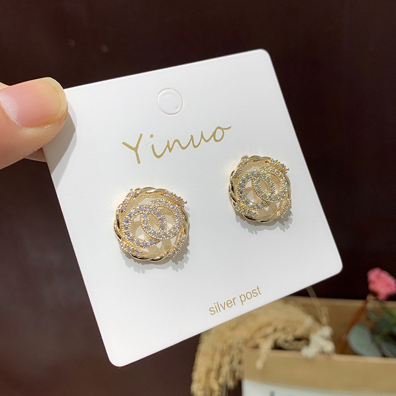 Khuyên tai đính đá Zircon hình tròn phong cách Hàn Quốc