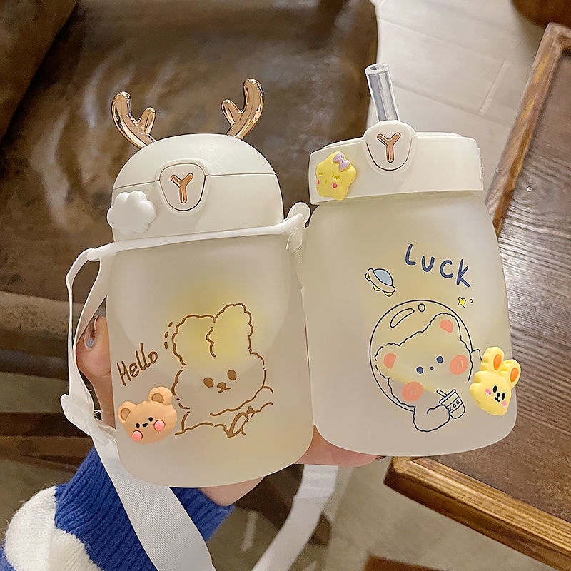 Bình Nước Thủy Tinh Có Ống Hút Dễ Thương Xinh Xắn Dành Cho Người Lớn Và Trẻ Em