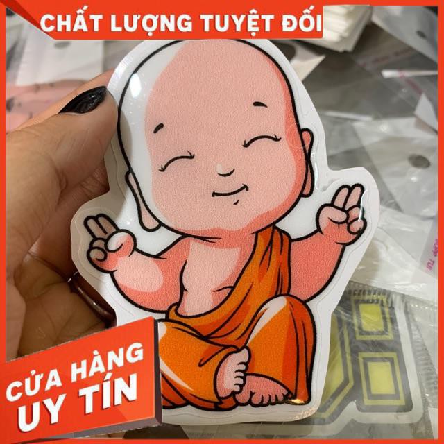 Decal tem nổi tổng hợp chú tiểu vui vẻ, chú tiểu ngồi hoa sen