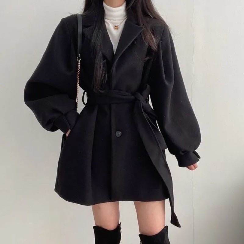 Áo khoác dạ 1 lớp đóng cúc thắt eo Ulzzang ☁️