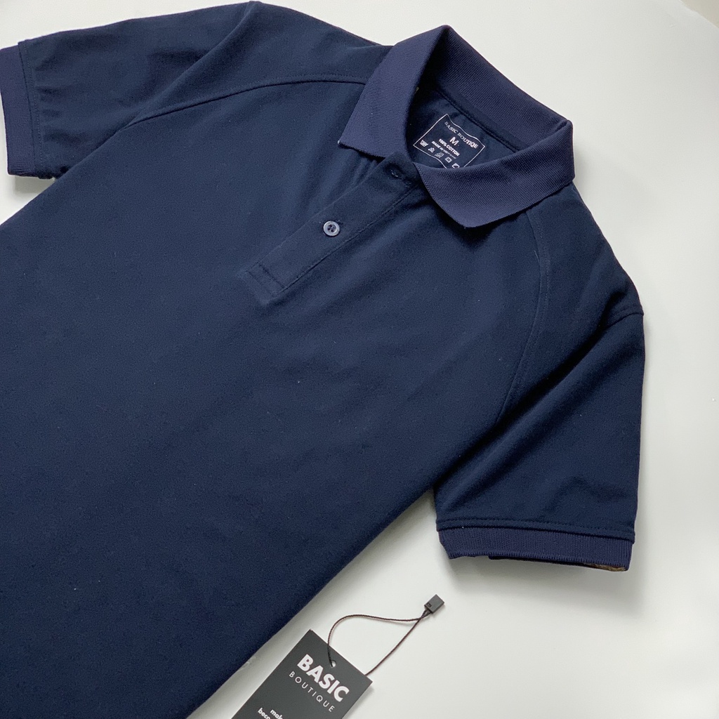 Áo polo áo cổ trụ màu xanh than phối gân dọc lịch sự dễ phối đồ | BigBuy360 - bigbuy360.vn