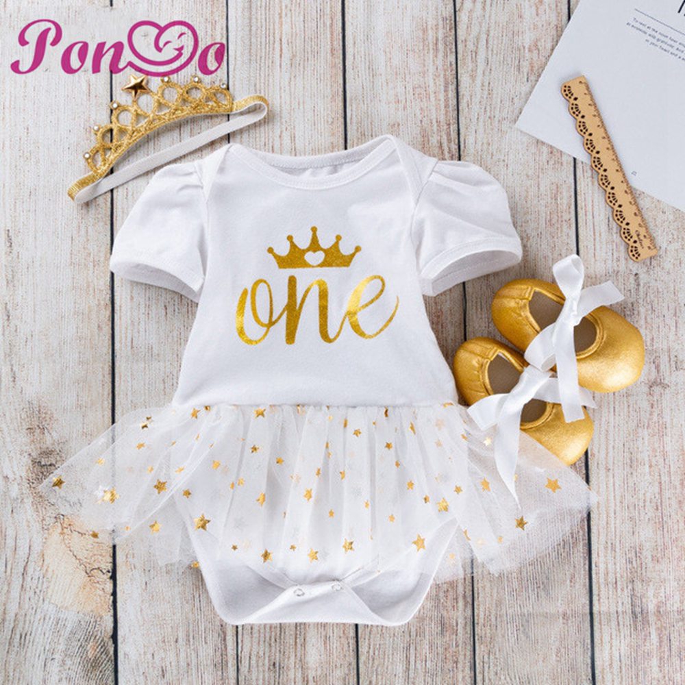 Bộ Đầm Sinh Nhật 1 Tuổi Kèm Băng Đô Và Giày Cho Bé Gái 0-2 Tuổi