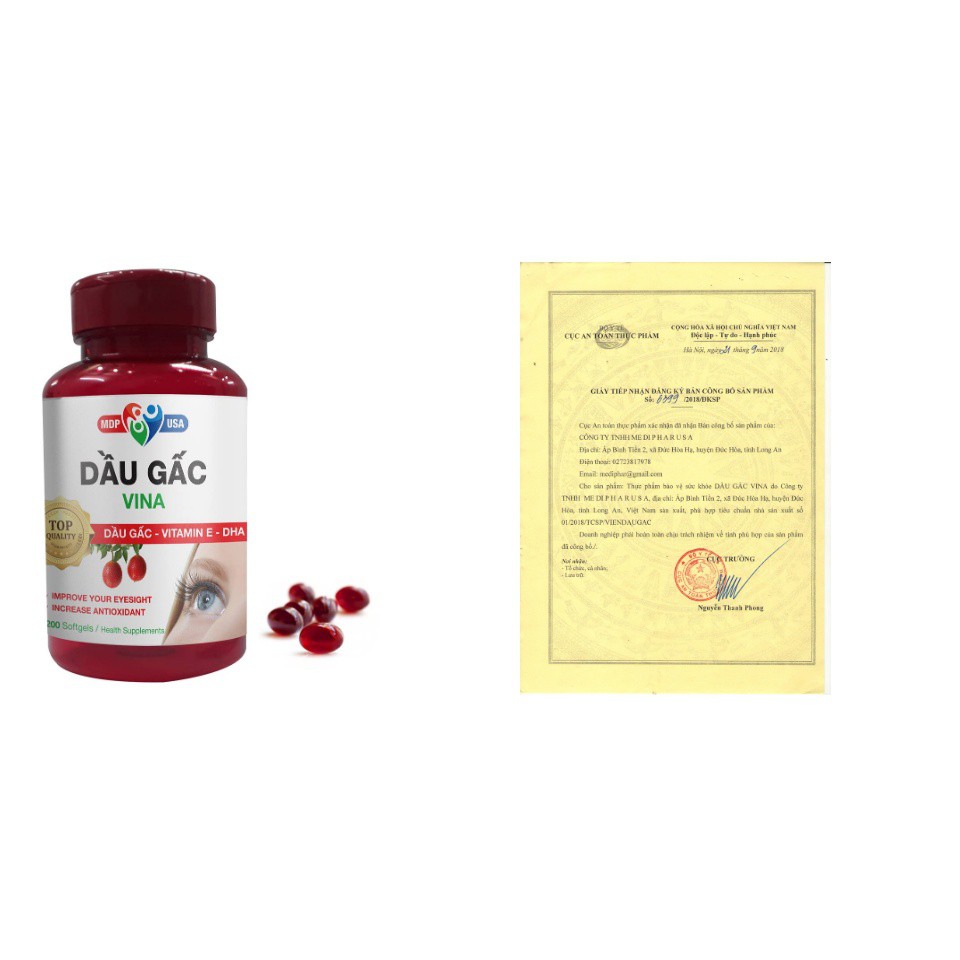 Thực phẩm Dầu Gấc Vina - Bổ sung dưỡng chất cần thiết cho mắt, tăng cường thị lực - Lọ 200 viên