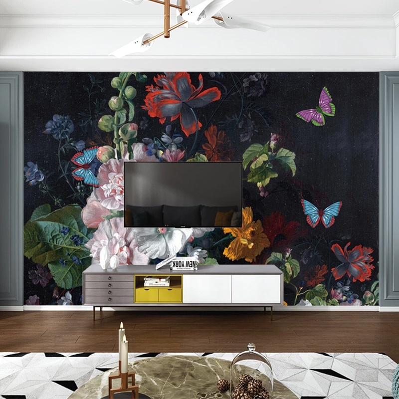 Giấy dán tường họa tiết tranh sơn dầu hình hoa bướm 3D phong cách Châu Âu trang trí phòng khách