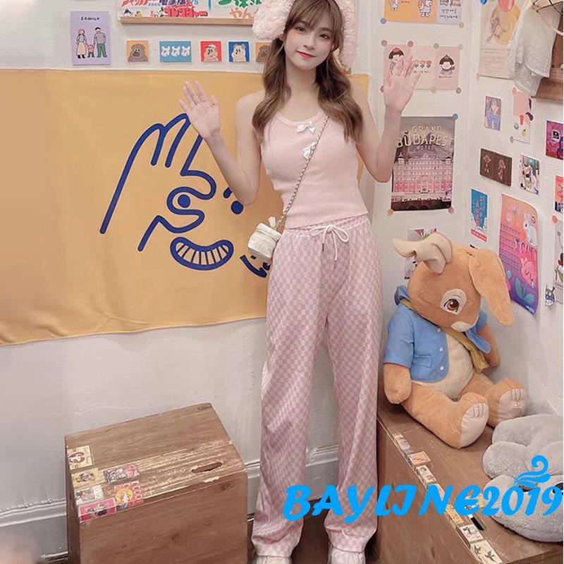 Quần dài ống suông lưng thun dây rút họa tiết kẻ sọc có thể điều chỉnh dành cho nữ