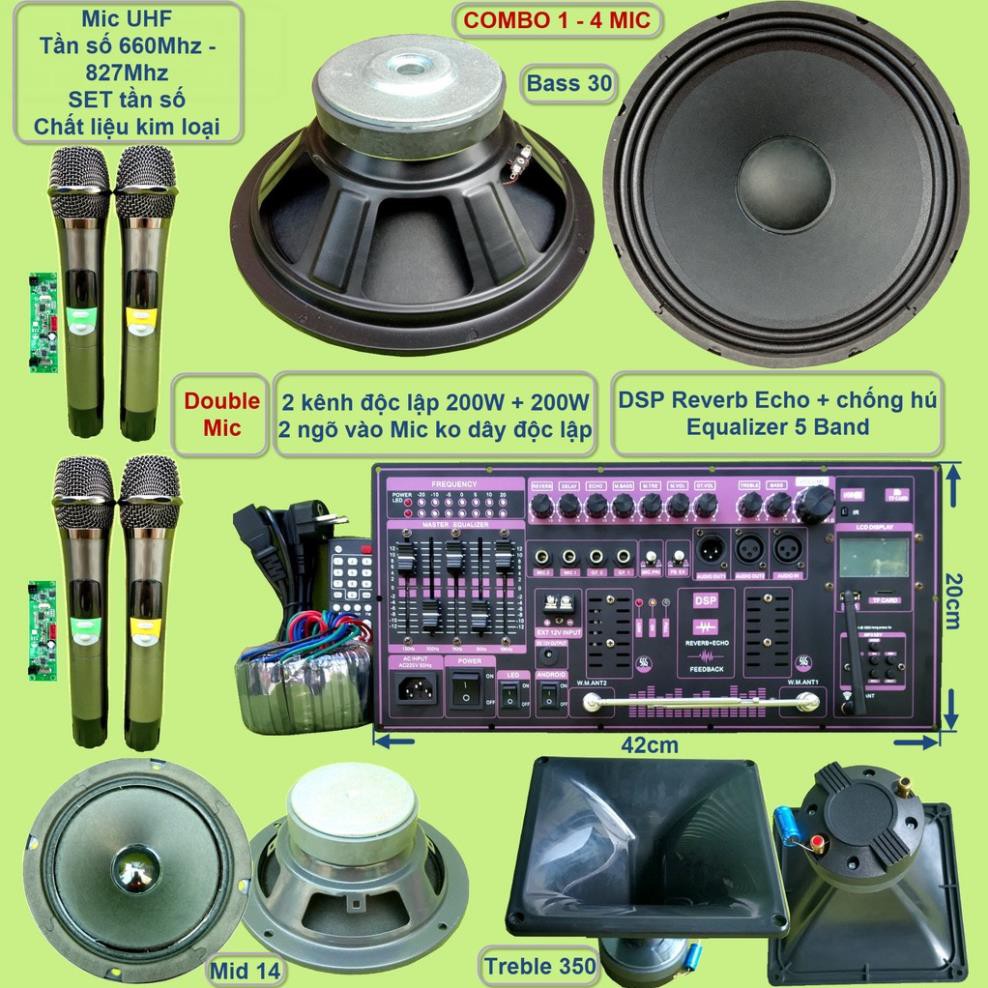 Mạch loa kéo 3 tấc đôi DSP Reverb Echo có chống hú - Equalizer 5 Band 2 kênh độc lập kèm Mic UHF SET tần số và kèm loa