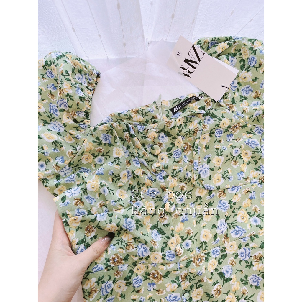 Váy hoa cổ vuông đầm xanh cúc bọc maxi dúm ngực xẻ tà 2 lớp hàng thiết kế sang chảnh-Minxy shop