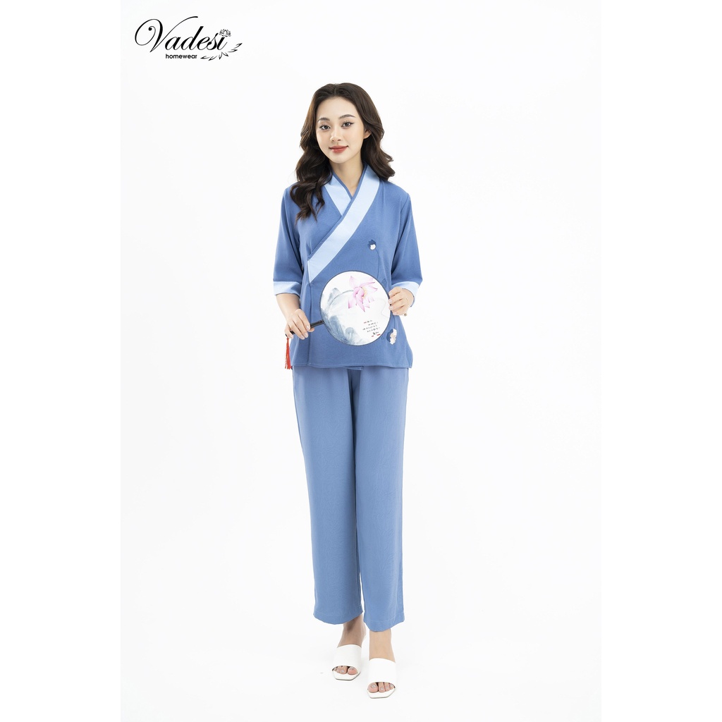 Đồ Lam Đi Chùa VADESI Bộ Thư Pháp Phật Tử Cài Chéo Tay Lỡ Lụa Tằm Pháp Cao Cấp Thêu Hoa Sen Nhiều Màu Không Nhăn Mềm Mại