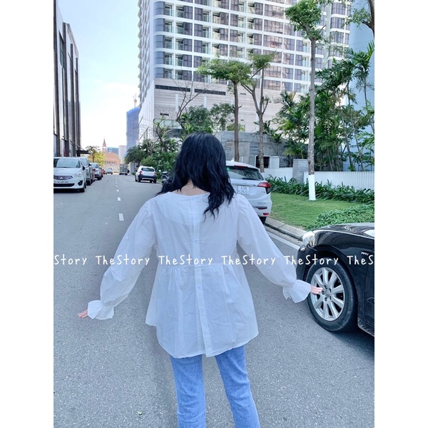 [STR] Áo babydoll cổ tròn, hoạ tiết chìm, hàng nút sau lưng tay bo A2128