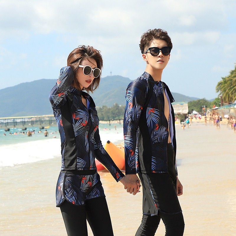 Set đồ bơi dài tay đôi nam nữ hoa lá 5 mảnh chống nắng