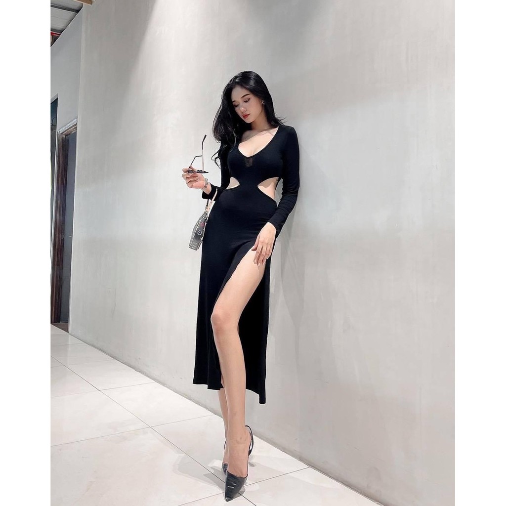 Váy Body Khoét Eo, Đầm Ôm Sexy Nữ, Dáng Bó Khoét Eo Thun Tay Dài DBD004