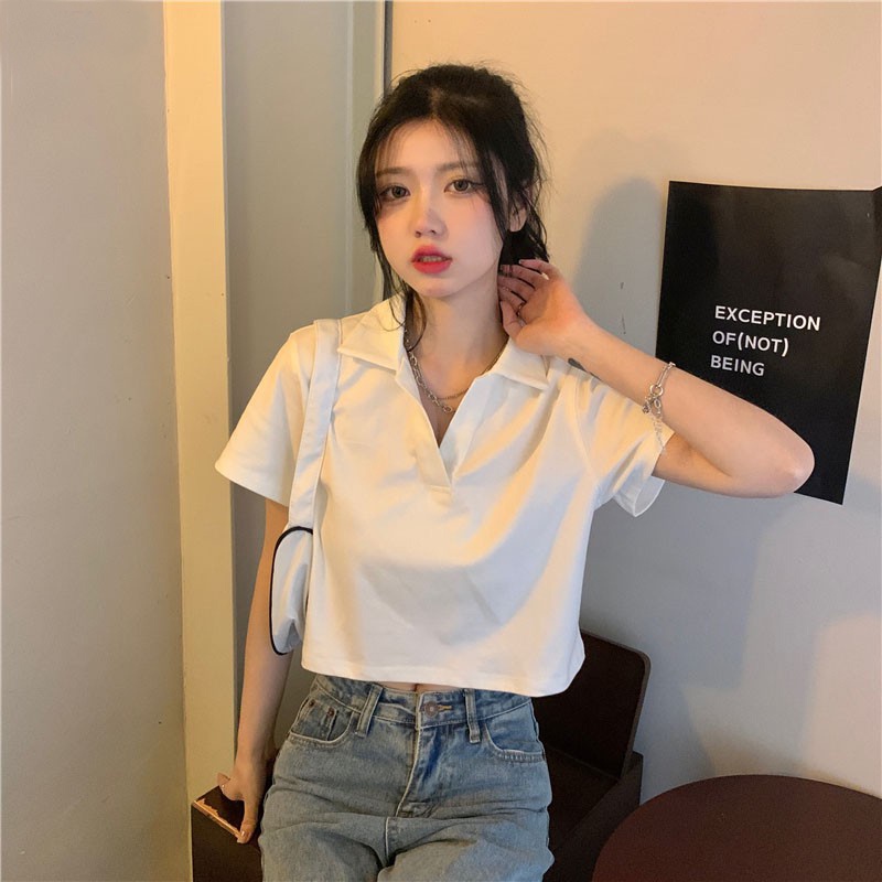 Áo Crotop Nữ Cổ Polo Ngắn Tay Cotton 100%, Dáng Ôm Body, Thoáng Mát, Co Giãn 4 Chiều, Không Xù A02
