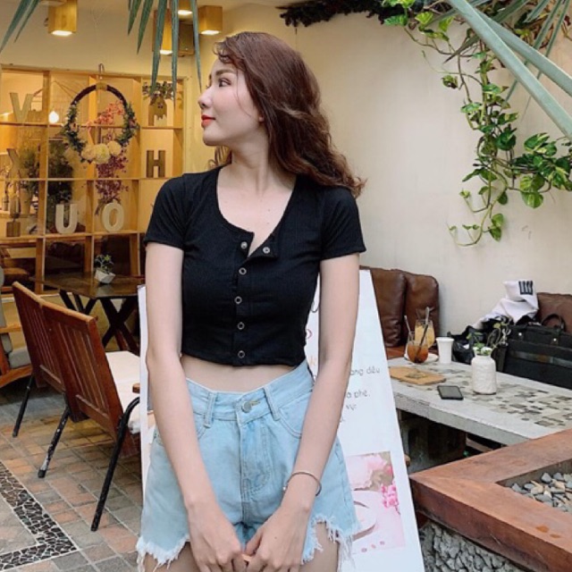 Áo croptop cúc bấm thật 2 màu siêu quyến rũ LIKANO CRT48