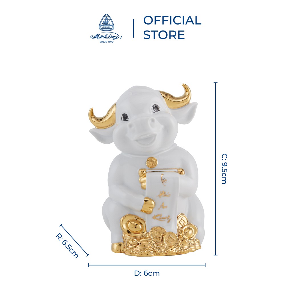 Trâu Hạnh Phúc 9.5cm Minh Long - Màu Trắng - Trang trí vàng 24k | BigBuy360 - bigbuy360.vn