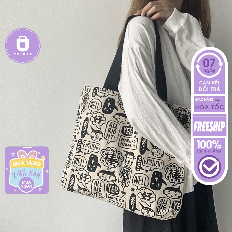 Túi tote vải canvas dày dặn đeo vai phong cách Hàn Quốc giá rẻ đẹp đi học họa tiết chữ Road