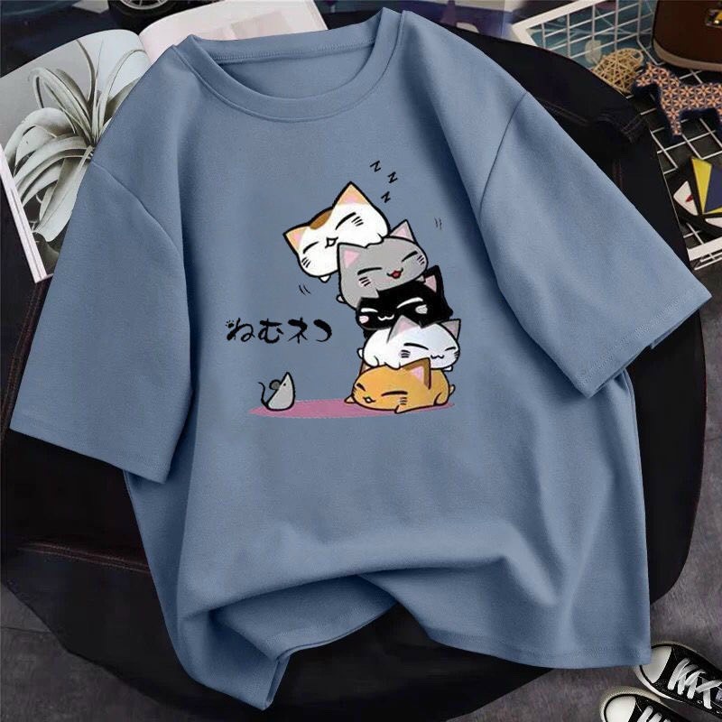 Áo phông nữ/ Áo thun hoạt hình unisex tay lỡ bốn mèo nhỏ