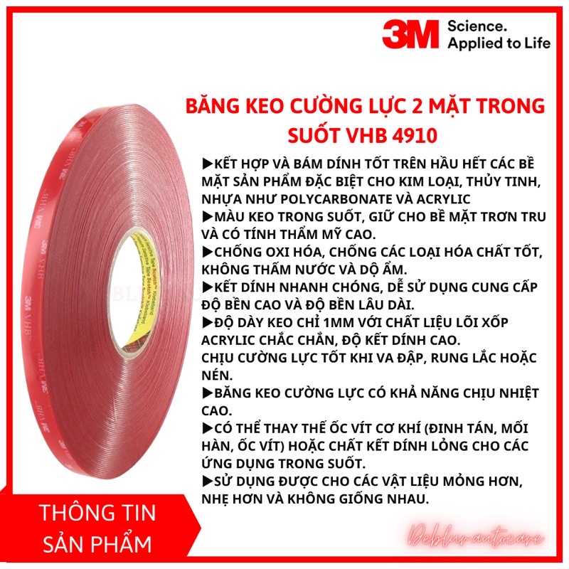 Băng keo cường lực 2 mặt trong suốt 3M VHB 4910 size 8mm - 10mm - 12mm x 33m