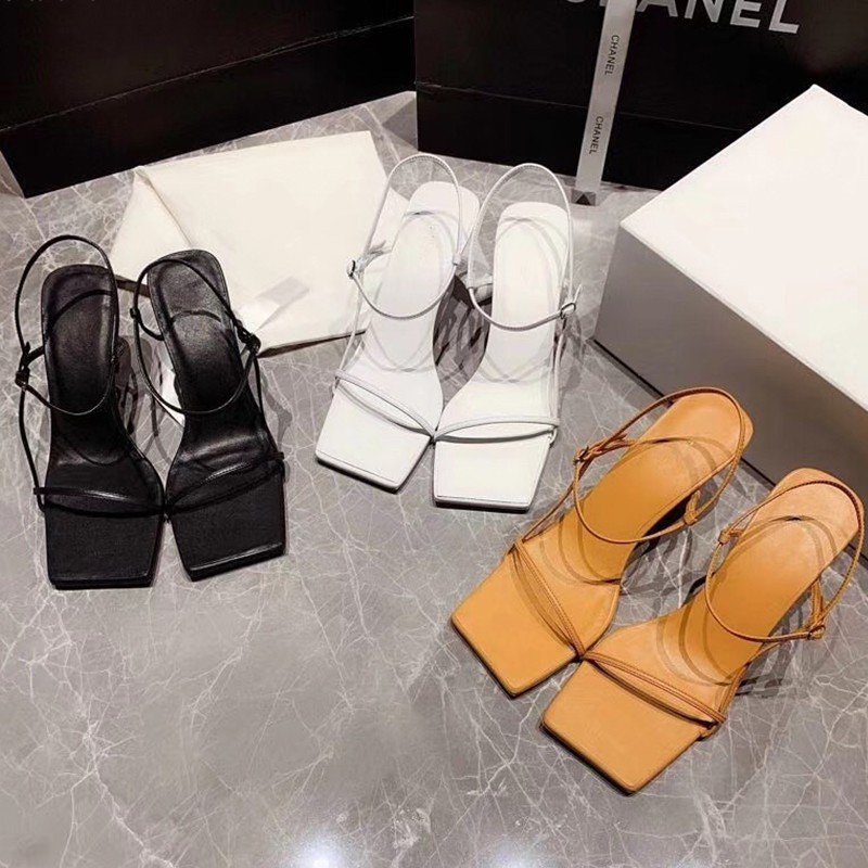 Giày sandal cao gót 4-5cm  mũi vuống quai ngang đơn giản có cột dây ROSA