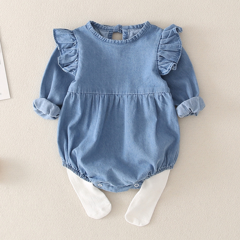 Set jumpsuit tay dài chất liệu denim màu trơn cho bé 0-18 tháng tuổi