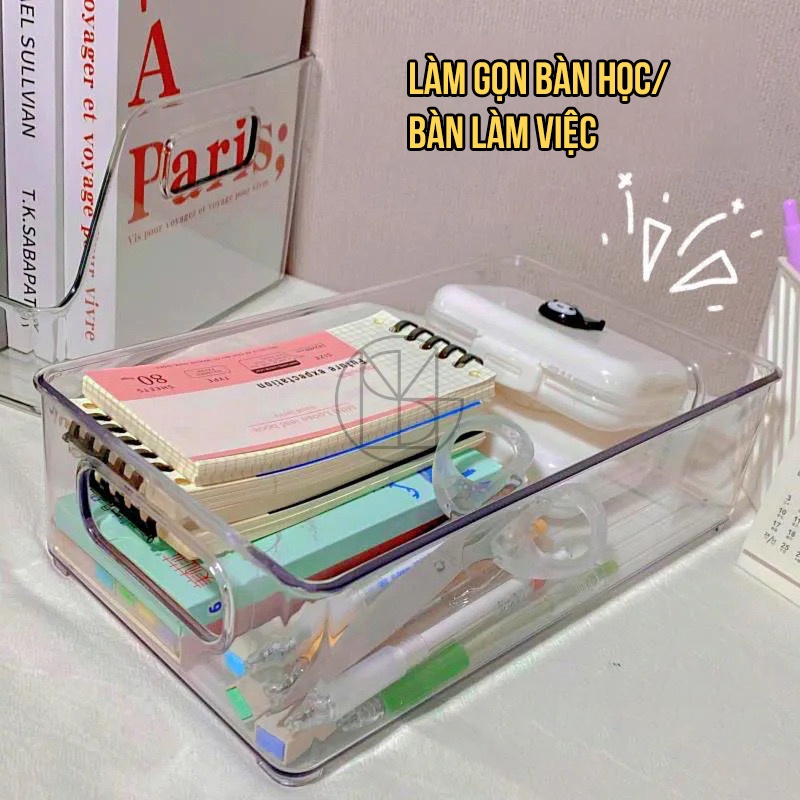 Khay Đựng Đồ Trong Suốt, khay đựng đồ linh tinh, nhựa PET arcylic cứng, có thể xếp chồng, decor bàn học, bàn làm việc