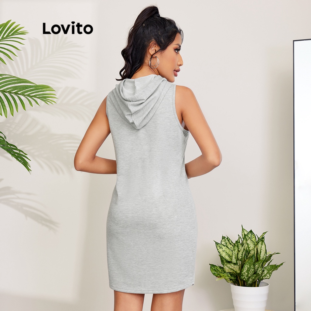 Đầm Lovito không tay có mũ trùm dây rút màu trơn phong cách thường ngày L27LD044 (màu xám)