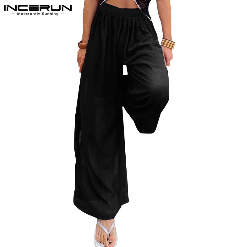 Quần dài INCERUN ống rộng xếp ly lưng thun co giãn màu đen thoải mái cho nam