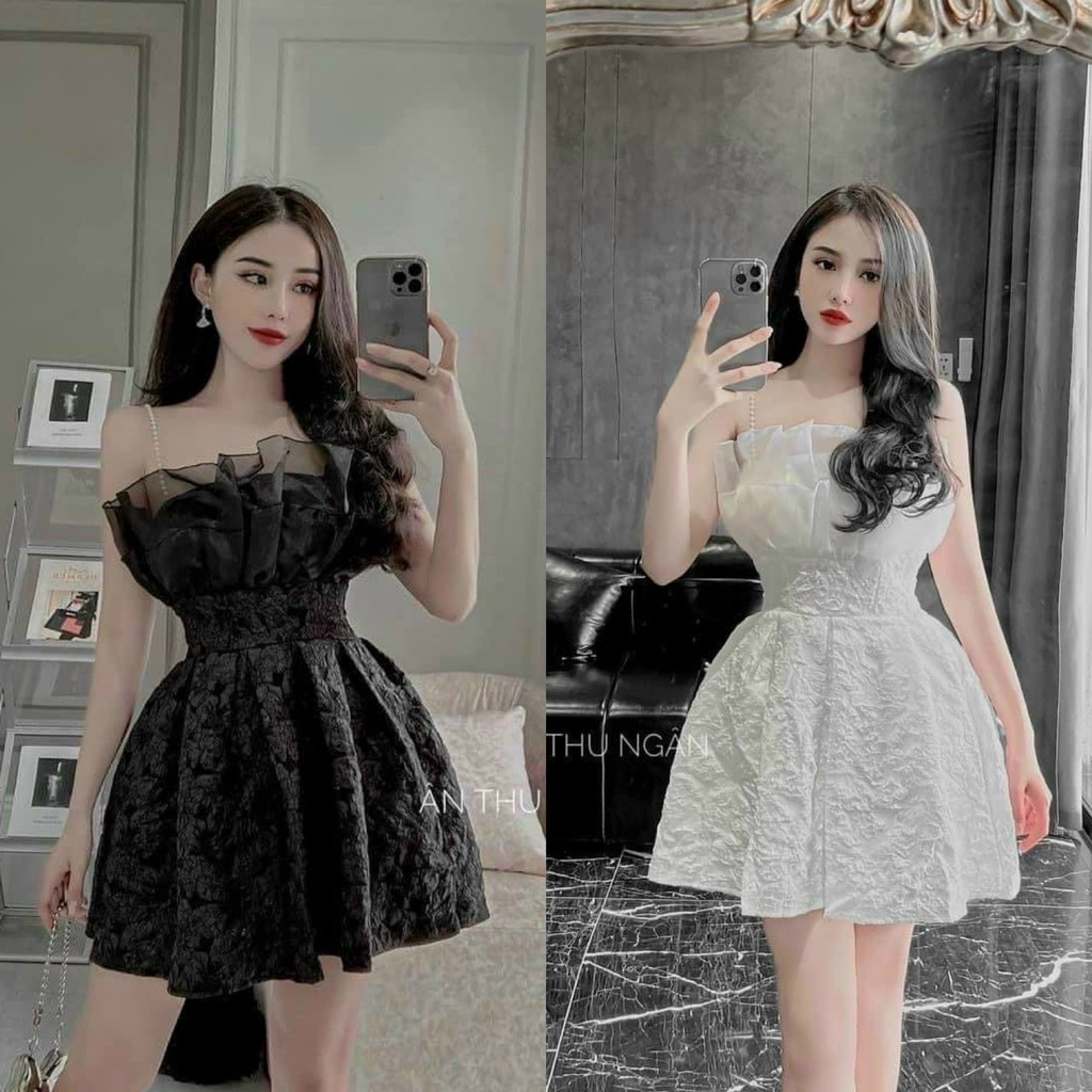 Váy đầm nữ dự tiệc dáng xòe dây cườm phối bèo sang trọng
