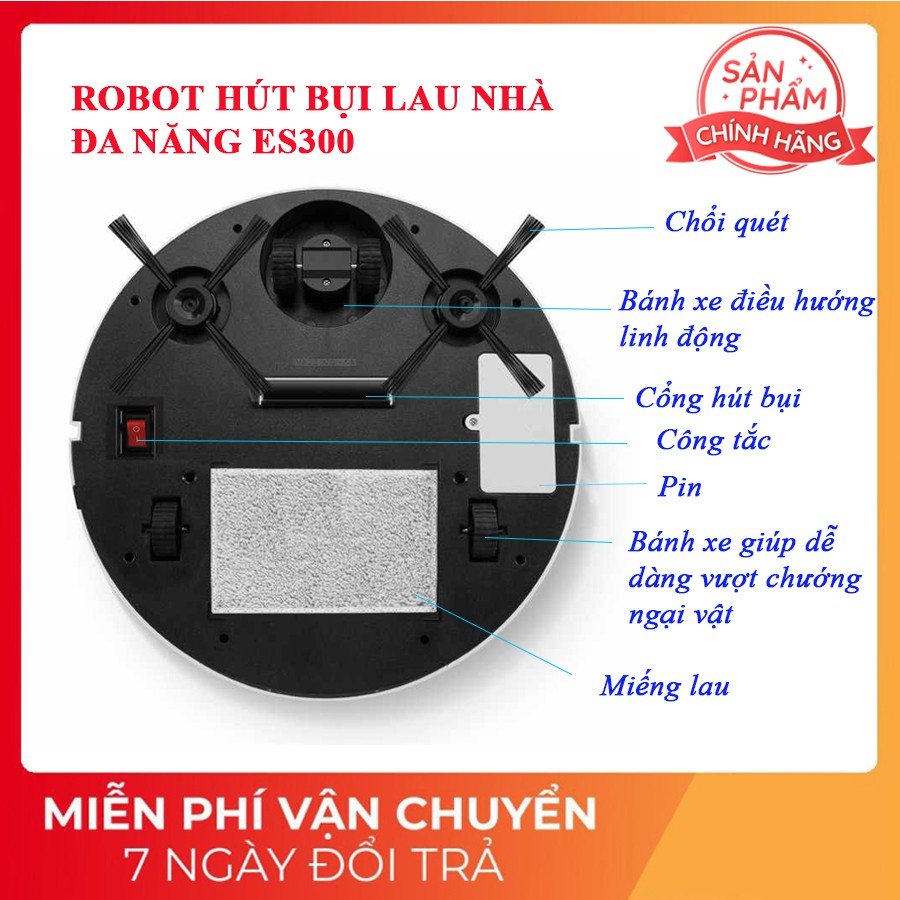 Robot Hút Bụi Lau Nhà,Robot Hut Bui - Công Suất Lớn, Hút Siêu Khỏe, Nguồn Cảm Ứng. 1 Đổi 1 Trong Vòng 3 Tháng ES300