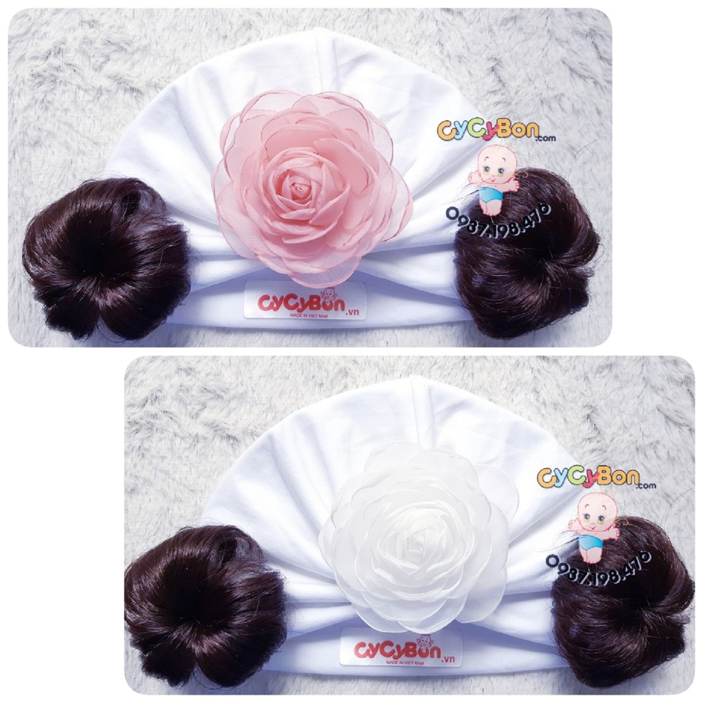 Nón Mũ Turban Cho Bé Gái Màu Trắng Đính Bông Hồng Chất Vải Cotton Co Giãn Có Size cho bé Từ Sơ Sinh