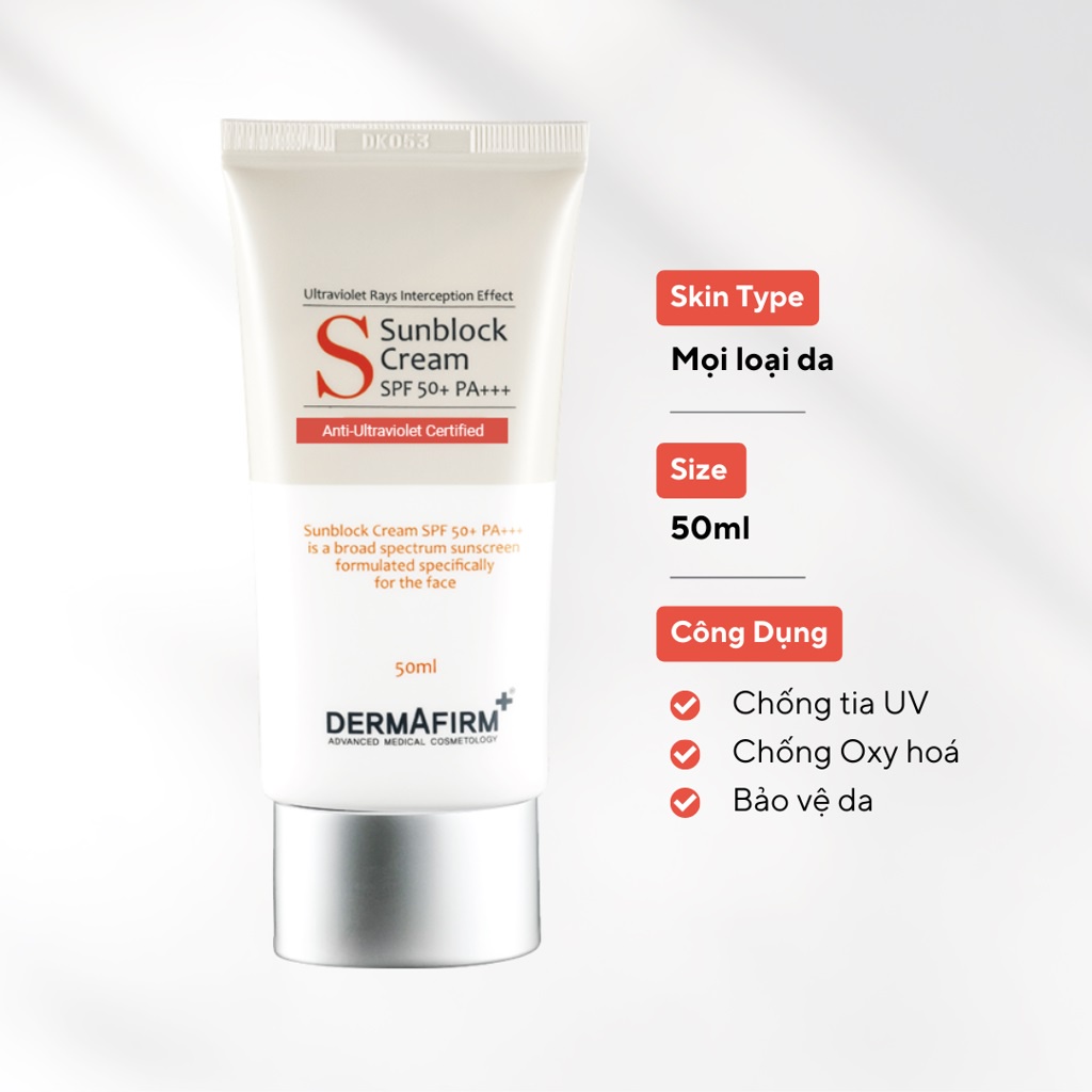 HÀNG NHẬP KHẨU - Kem Chống Nắng Dermafirm Sun Block Cream SPF50+PA+ Y Khoa Không Nhờn Rít Cho Da Dầu, Khô, Mụn, Nhạy Cảm