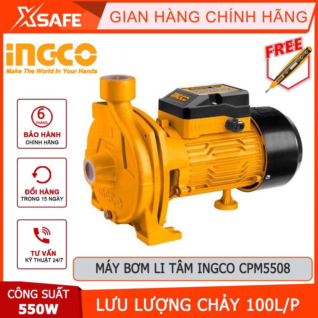 Máy bơm li tâm INGCO CPM5508 Máy bơm nước công suất 550W(0.75HP), chiều cao bơm tối đa 26m, cánh quạt đồng thau - XSAFE