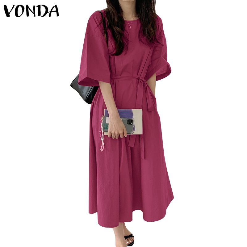 Váy dài VONDA màu trơn dáng rộng tay lửng cổ tròn thiết kế xếp ly thời trang cho nữ