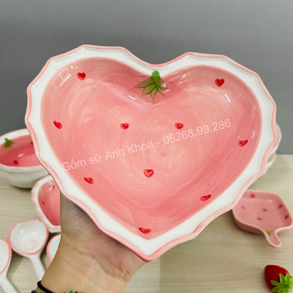 Bộ chén dĩa sứ Bát ăn cơm Đĩa sứ Dễ thương Decor cao cấp Bộ bát đĩa dâu hồng 12 món xinh yêu.