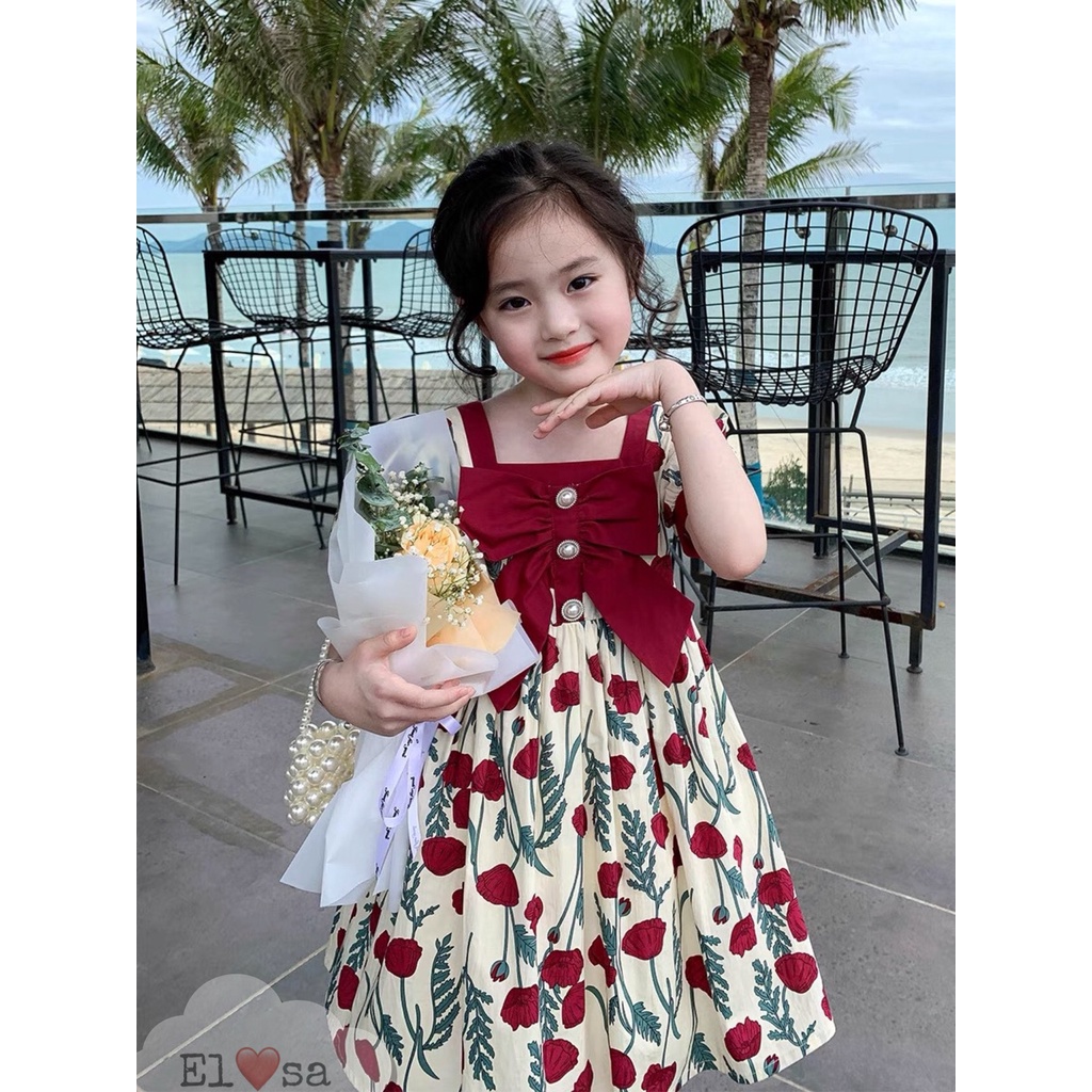 Váy bé gái - Đầm Hoa Hồng Đỏ Nơ Ngực xinh xắn cho bé 1-8 Tuổi